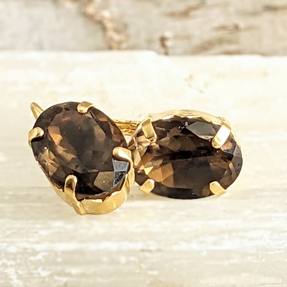 32 CT. Large Natural Brown Smoky Quartz / Topaz In Gold Plated Earrings - Picture 5 of 7